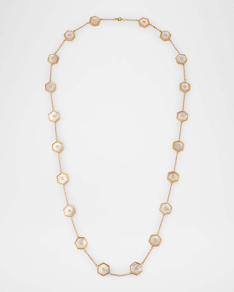 Baia Sommersa Long Necklace in 18K Yellow Gold with White Diamonds and Mother Of Pearl, 32"L